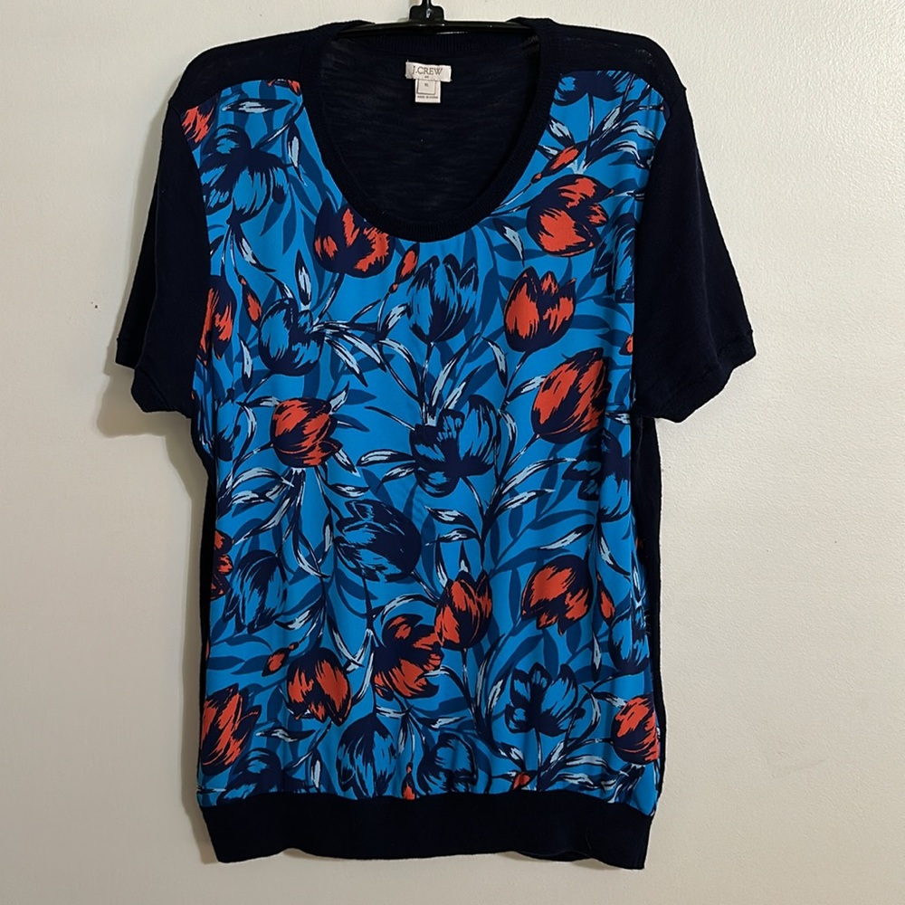 J. Crew Polyester Floral Print Front W/ Navy Cotton Knit Sleeves & Back, Size XL